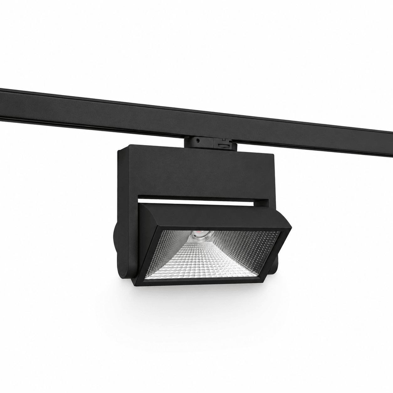 Black 45W track light with adjustable head mounted on a track, designed for focused illumination.