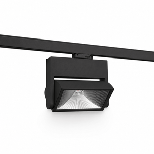 Black 45W track light with adjustable head mounted on a track, designed for focused illumination.
