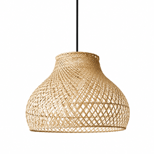 Hand-woven rattan and bamboo pendant light with a natural finish, showcasing a textured design.