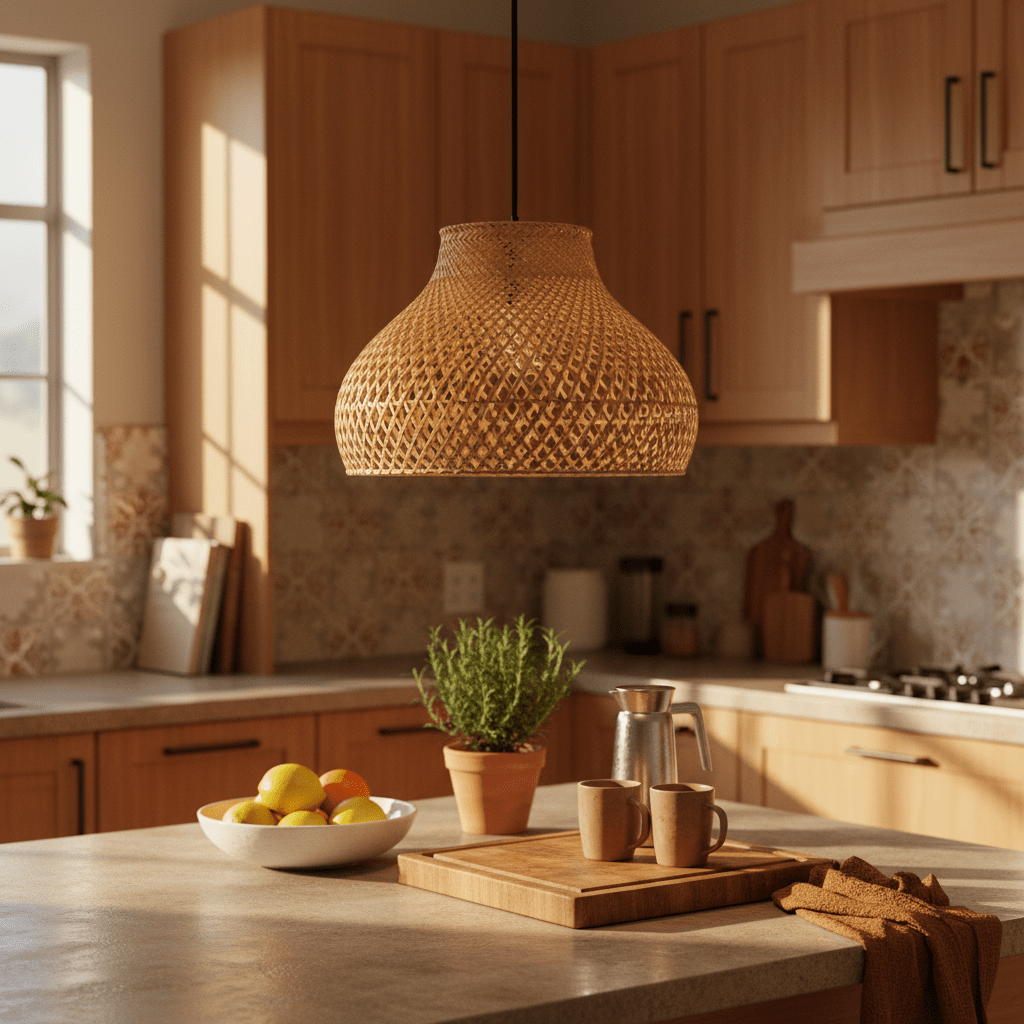 Cone Rattan Bamboo Pendant light hanging over a kitchen island with fruits and plants.