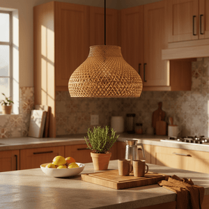 Cone Rattan Bamboo Pendant light hanging over a kitchen island with fruits and plants.