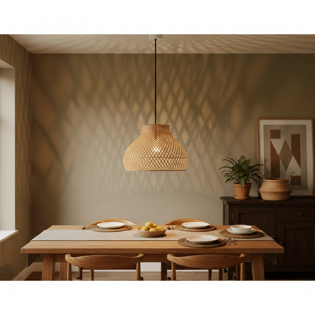 Cone Rattan Bamboo Pendant light hanging above a wooden dining table set with plates and a fruit bowl.