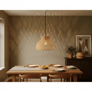 Cone Rattan Bamboo Pendant light hanging above a wooden dining table set with plates and a fruit bowl.