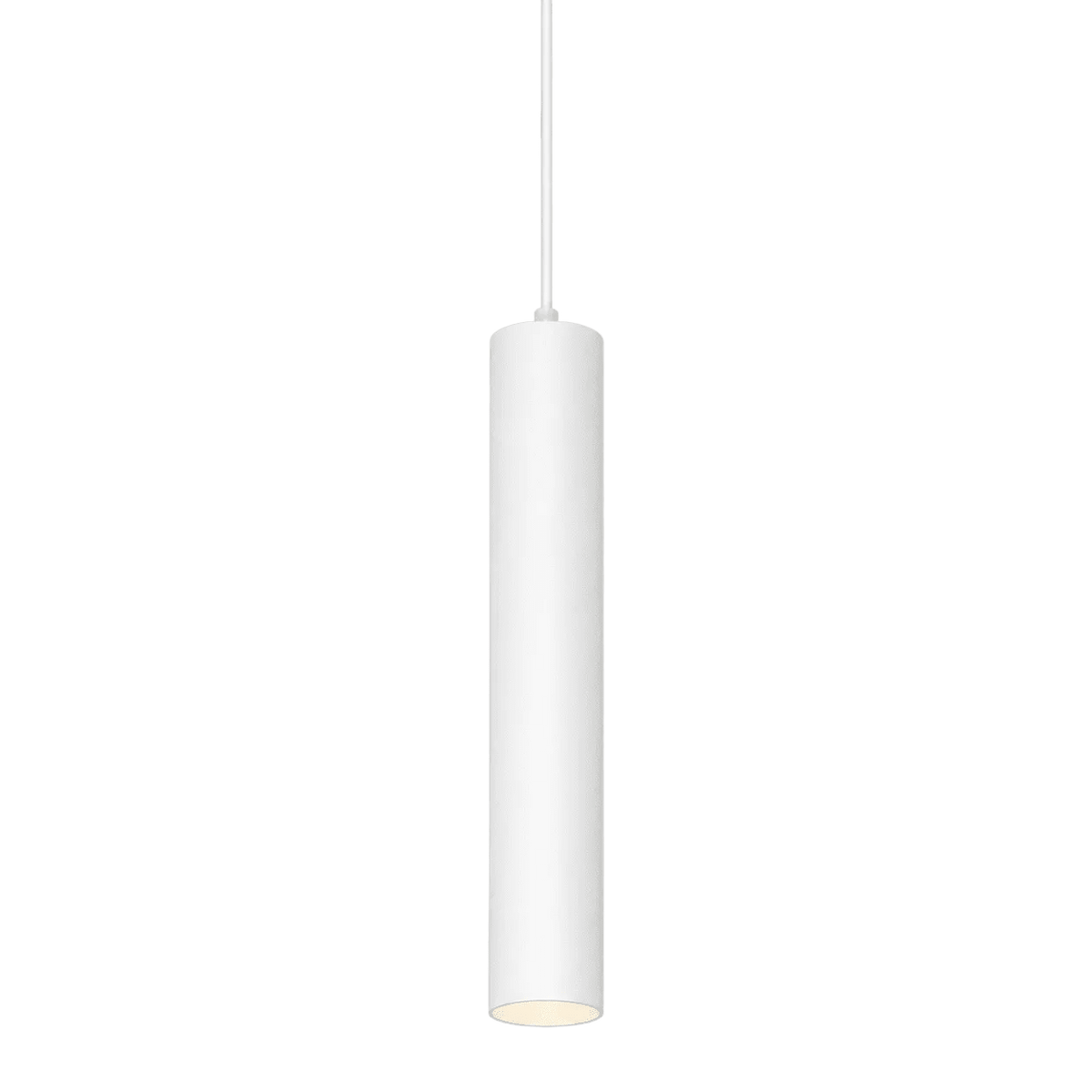 A white cylindrical pendant light hangs from a thin white cord, featuring a smooth matte finish.
