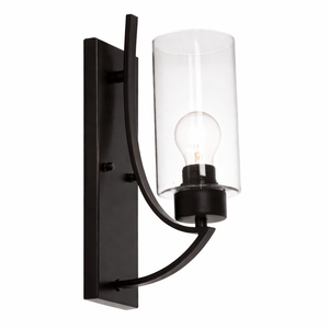 Coci Indoor Wall Light featuring a sleek black metal base and clear glass shade with an E27 bulb.
