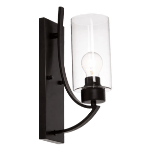 Black metal wall sconce with curved arm, clear cylindrical glass shade and exposed E27 bulb