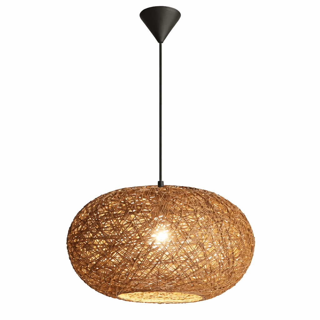 Woven pendant light with black fixture on a white background