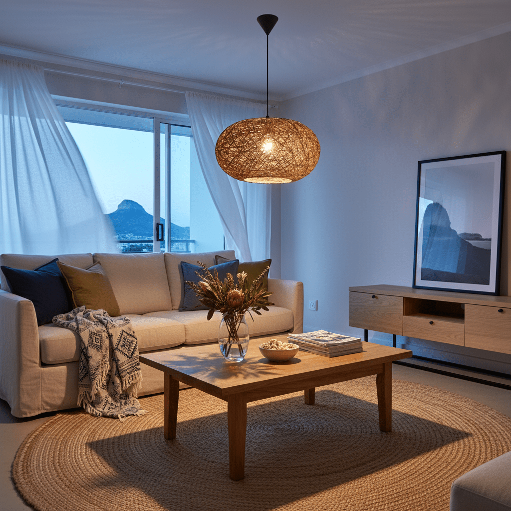 Twine Pendant 500mm hanging above a wooden coffee table in a cozy living room setting.