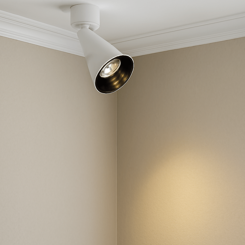 Ceiling light fixture on a white ceiling with beige walls