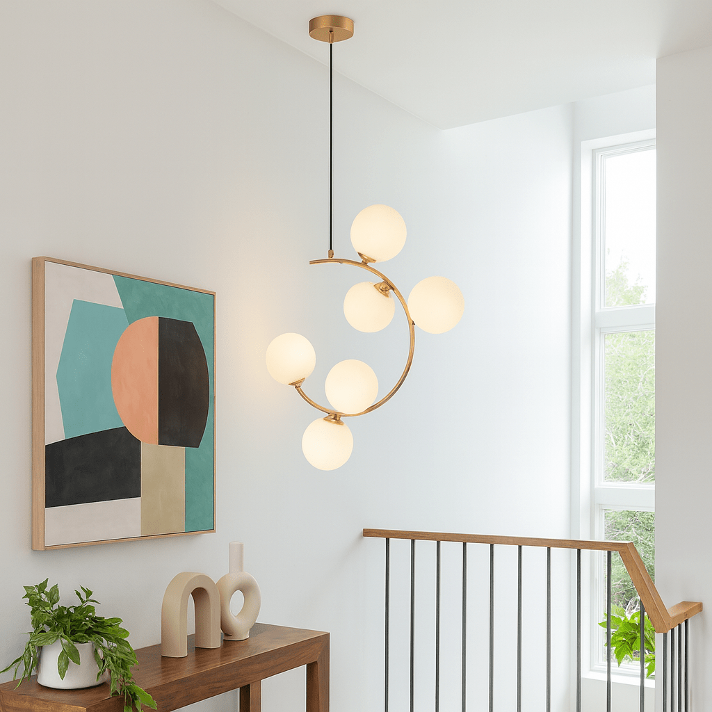 Brass 6-Light Pendant with White Glass