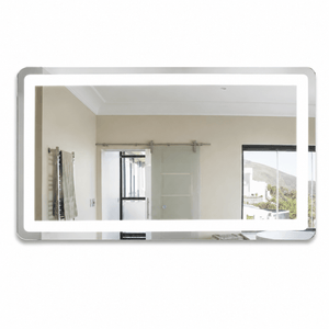 Rectangular mirror with a silver frame reflecting a room interior.