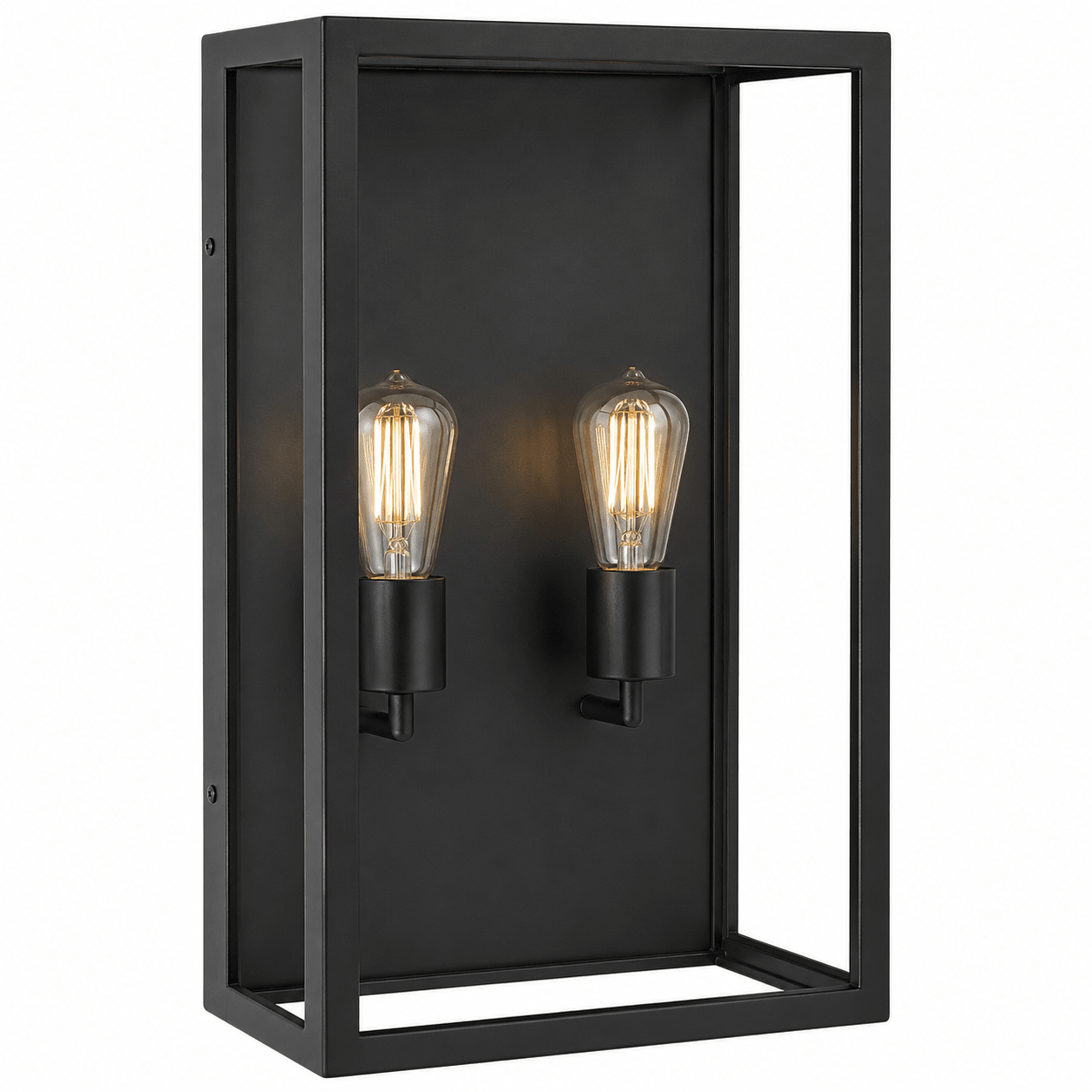 Black wall-mounted light fixture with two lit bulbs on a white background