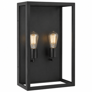 Black wall-mounted light fixture with two lit bulbs on a white background