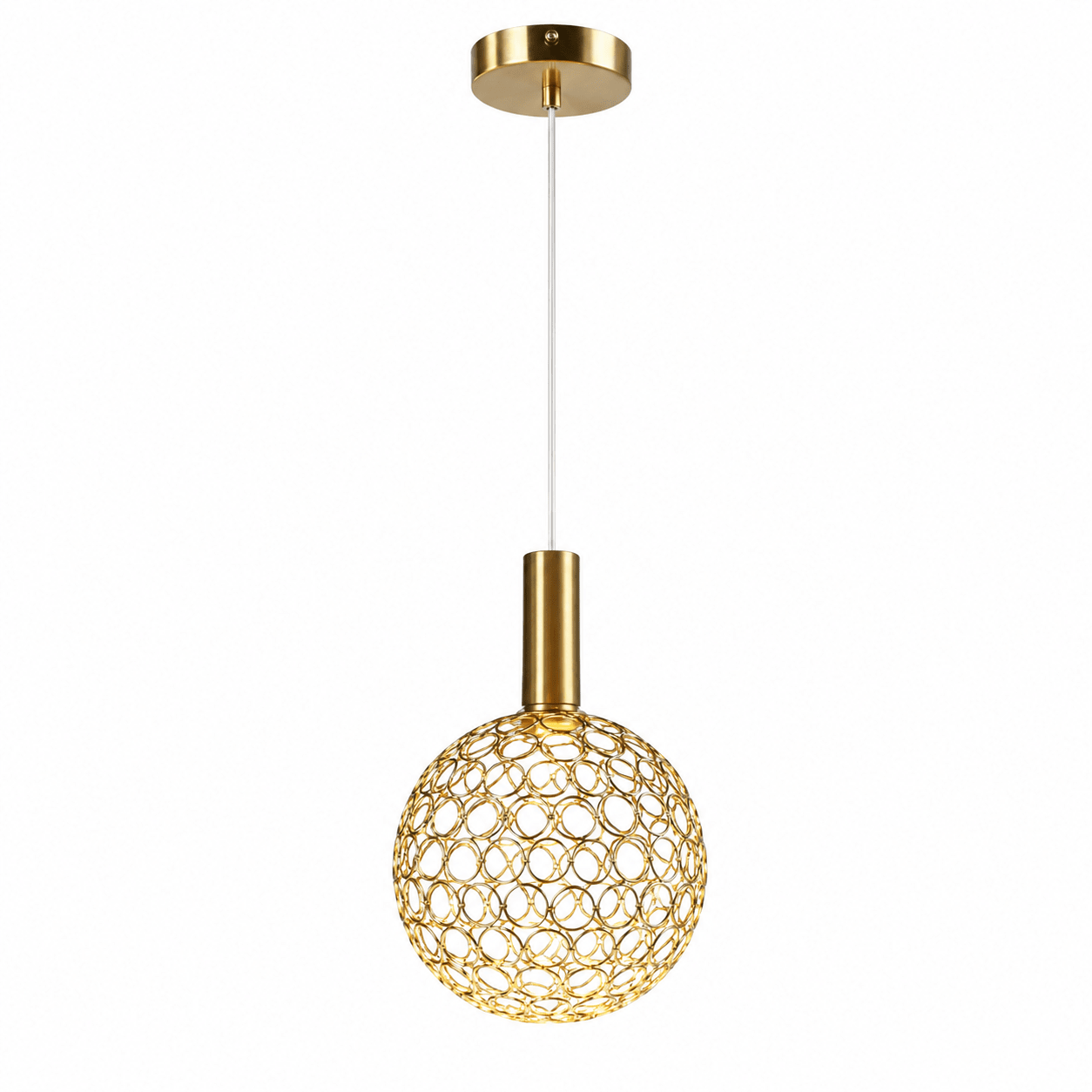 Gold pendant light with a circular woven design, suspended from a sleek ceiling mount.