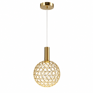 Gold pendant light with a circular woven design, suspended from a sleek ceiling mount.