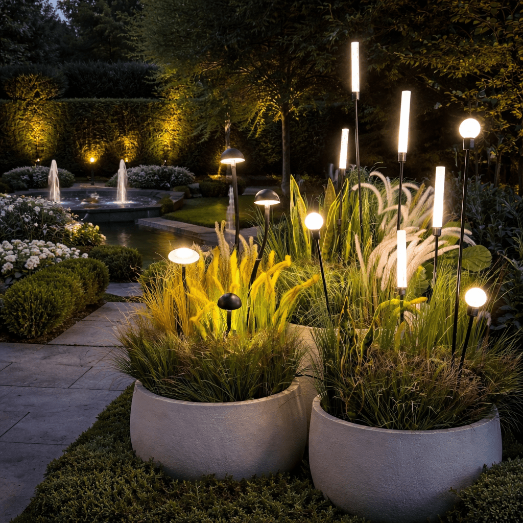 Garden scene with illuminated plants and lights at night
