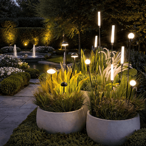 Garden scene with illuminated plants and lights at night
