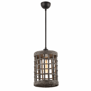 Pendant light with wooden cage design on a white background