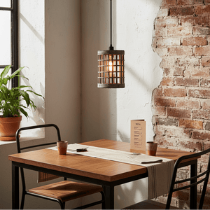Metal and rattan pendant light hanging above a wooden dining table with a plant and menu.