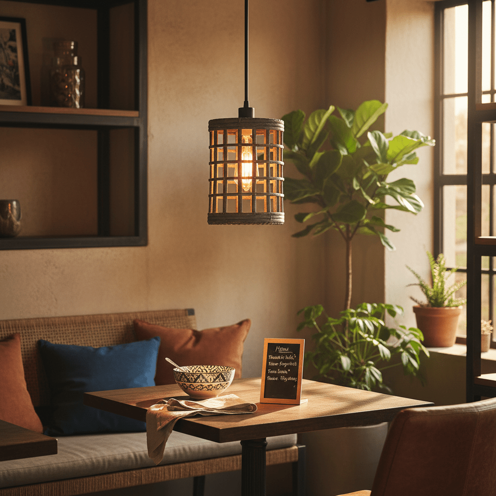 Metal and rattan pendant light illuminating a cozy dining area with a bowl and decorative sign.