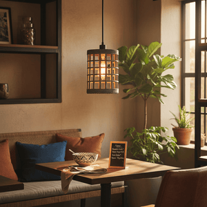 Metal and rattan pendant light illuminating a cozy dining area with a bowl and decorative sign.