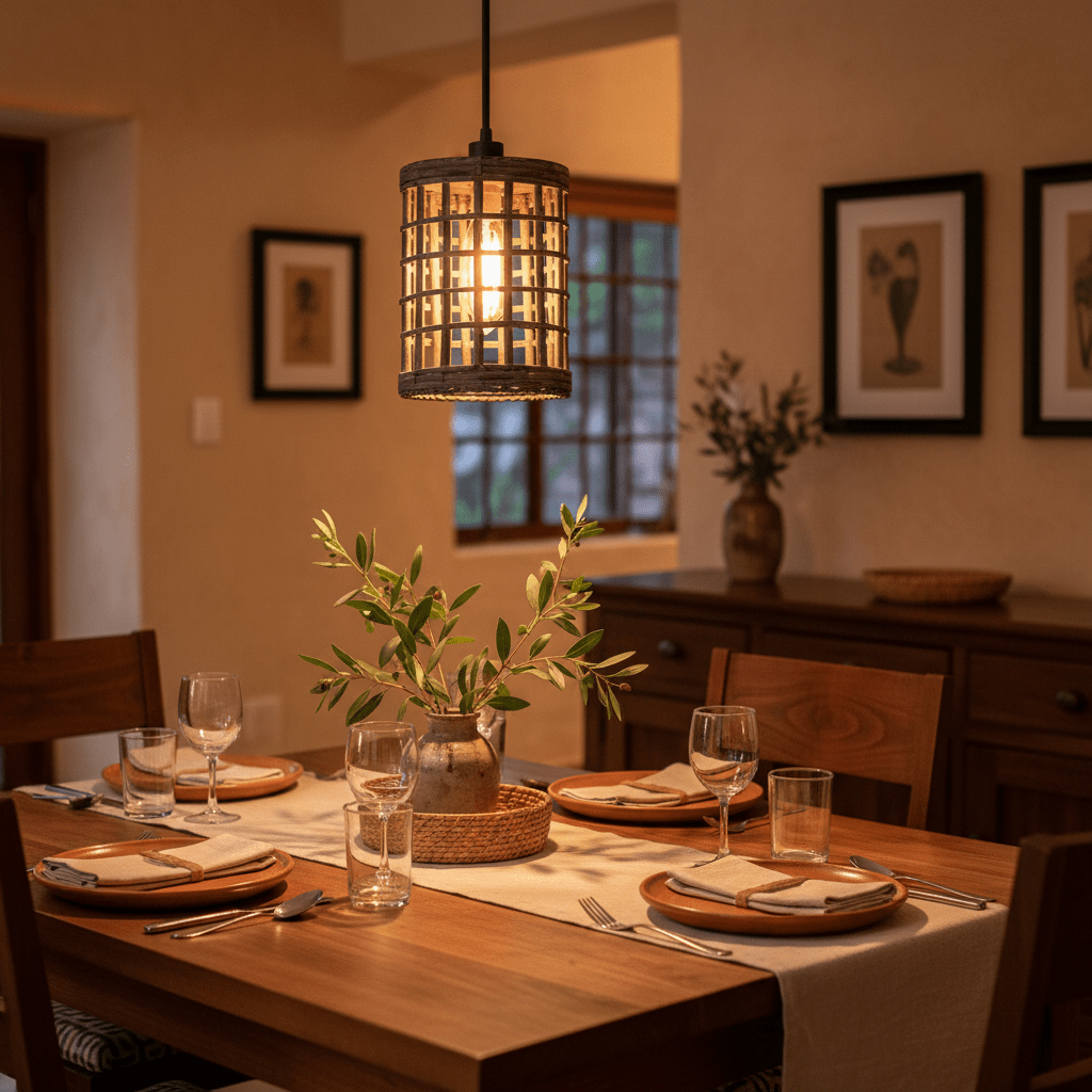 Metal and rattan pendant light hanging above a dining table set with plates and glasses, creating a warm ambiance.