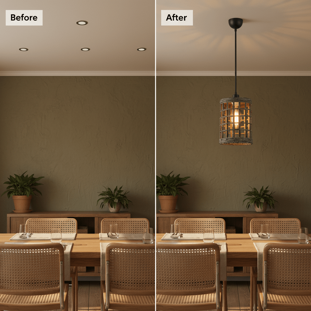 Before and after comparison of a dining area with recessed lights and a metal and rattan pendant light.