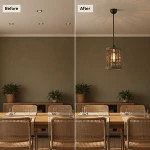 Before and after comparison of a dining area with recessed lights and a metal and rattan pendant light.