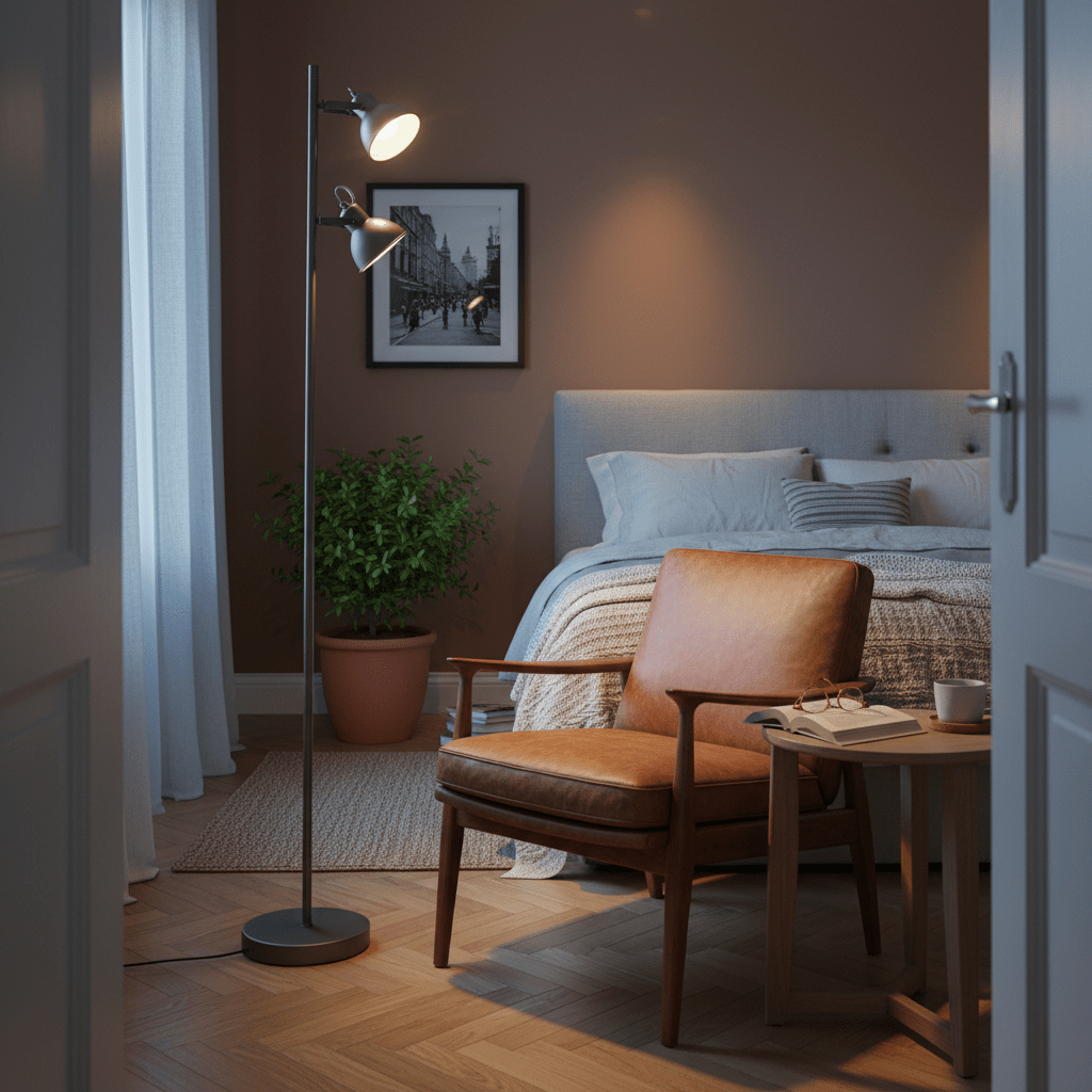 Arc floor lamp for a Cape Town living room, black and gold feature lamp over a lounge chair, warm 3000K lighting, realistic 800x800 interior with charcoal, brass and terracotta accents