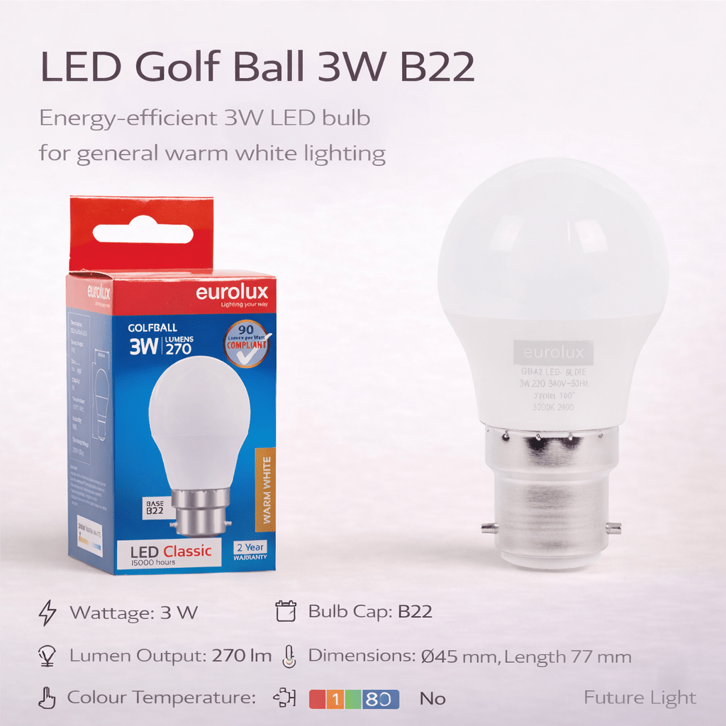3W Warm White LED B22 Opal Golfball Bulb