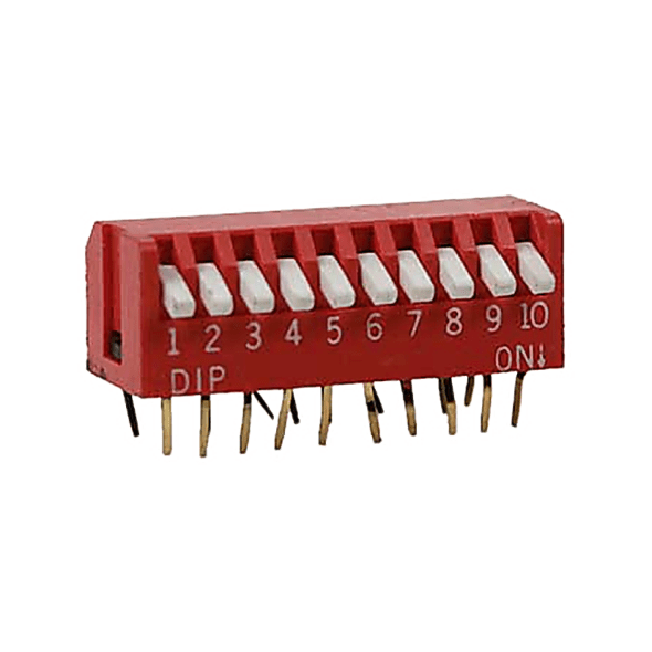 Red DIP switch module with numbered positions on a white background