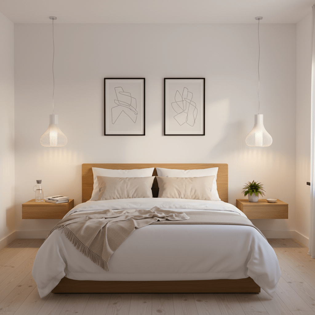 Scandi White Pendant light hanging above a modern wooden bed with decorative pillows and artwork.