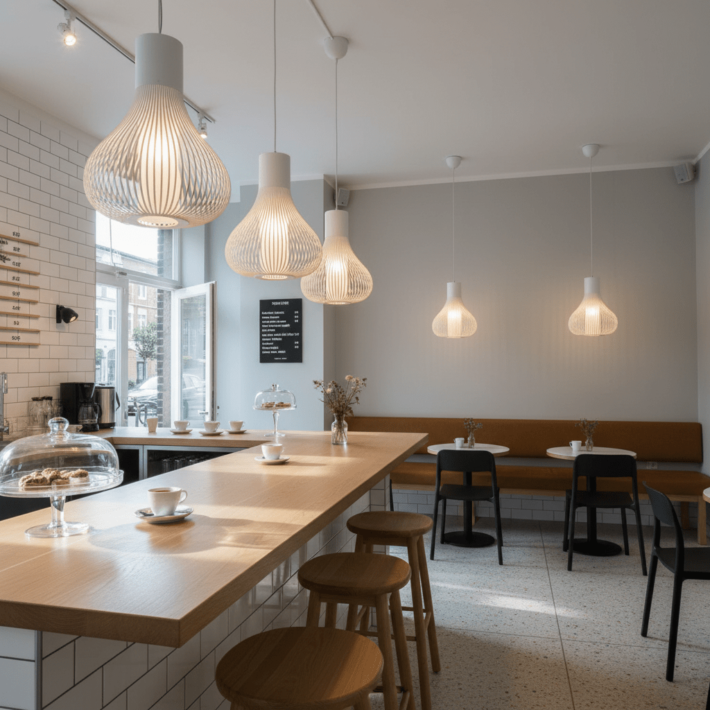 Scandi white pendant lights hanging in a modern café setting, illuminating a wooden counter and seating area.