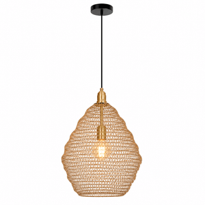 Gold wire mesh pendant light with warm glow, ideal for dining or living spaces.