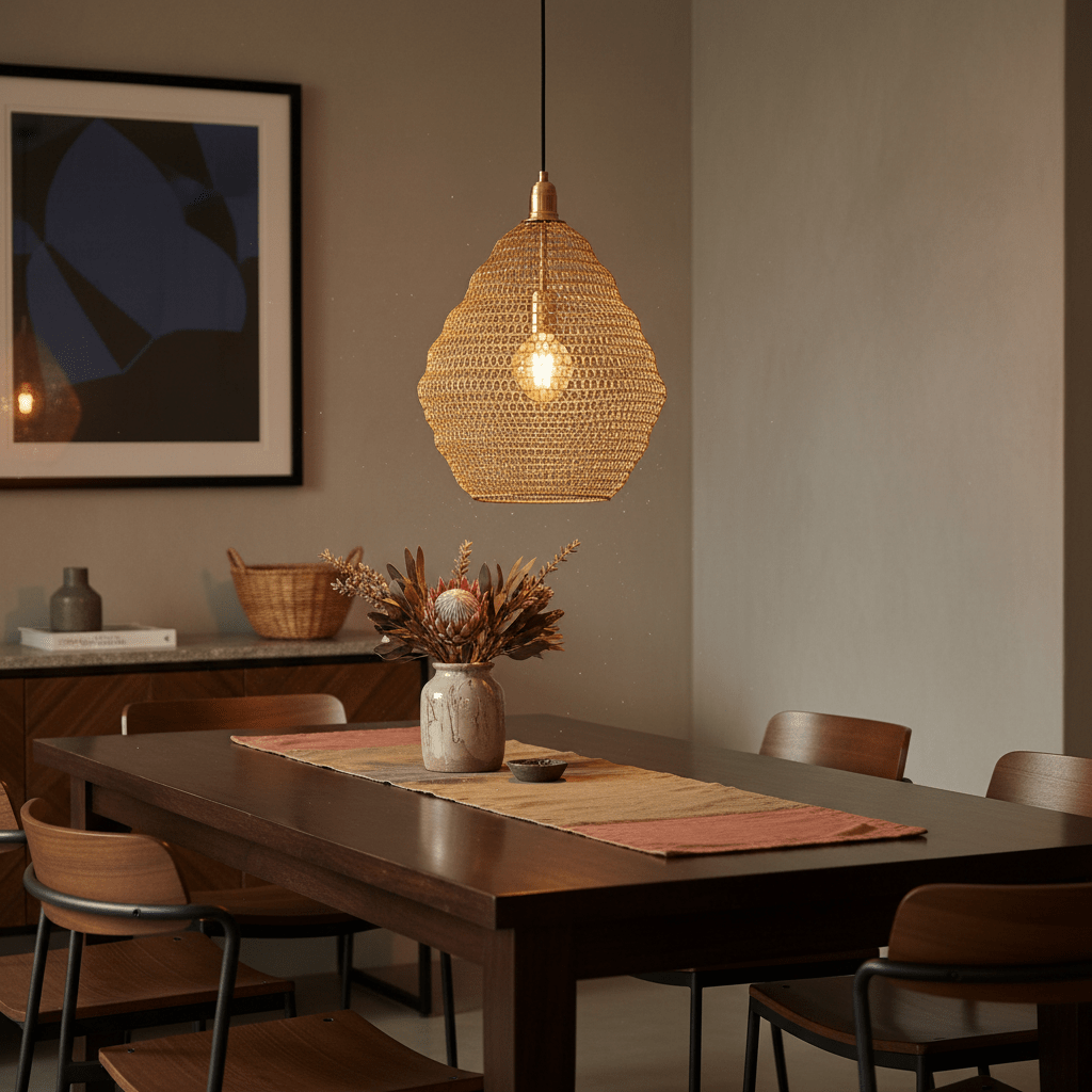Gold mesh pendant light hanging above a dining table with floral centerpiece and wooden chairs.