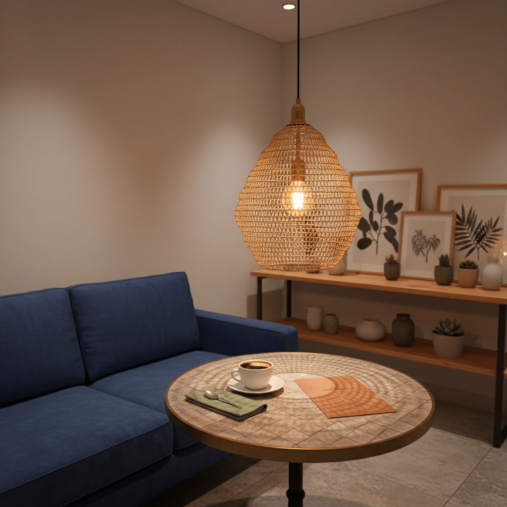 Gold mesh pendant light hanging above a coffee table with a cup and green napkin.