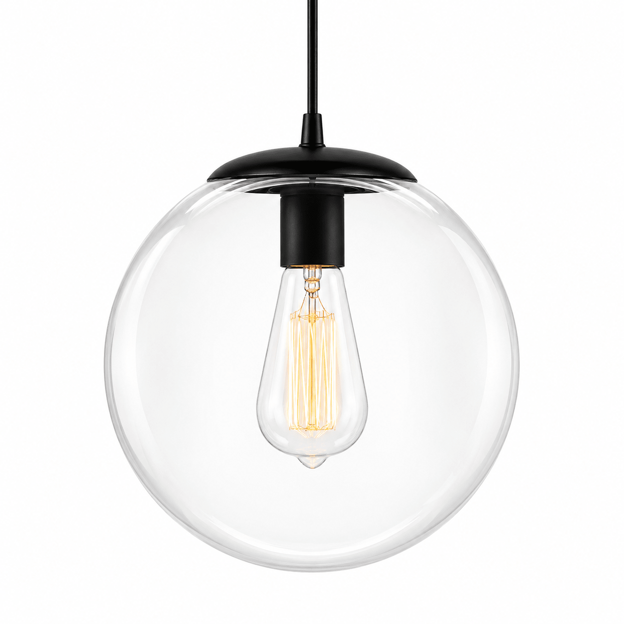 Clear glass pendant light with black fixture on a white background