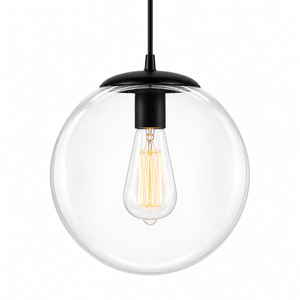 Clear glass pendant light with black fixture on a white background