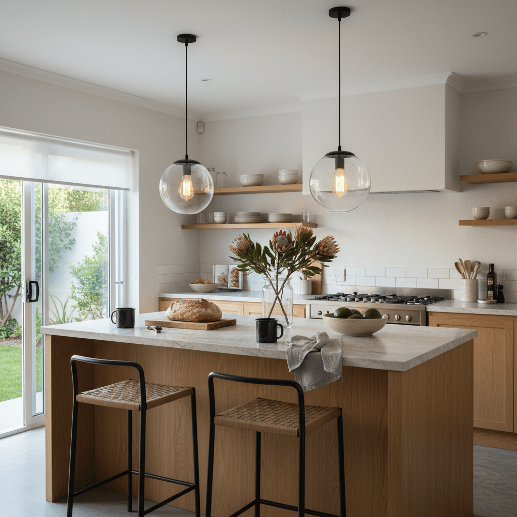 Clear glass pendant light with black fixture on a white background
