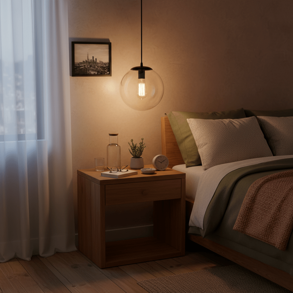 Clear PMMA globe pendant light hanging above a wooden bedside table with decor in a cozy bedroom setting.