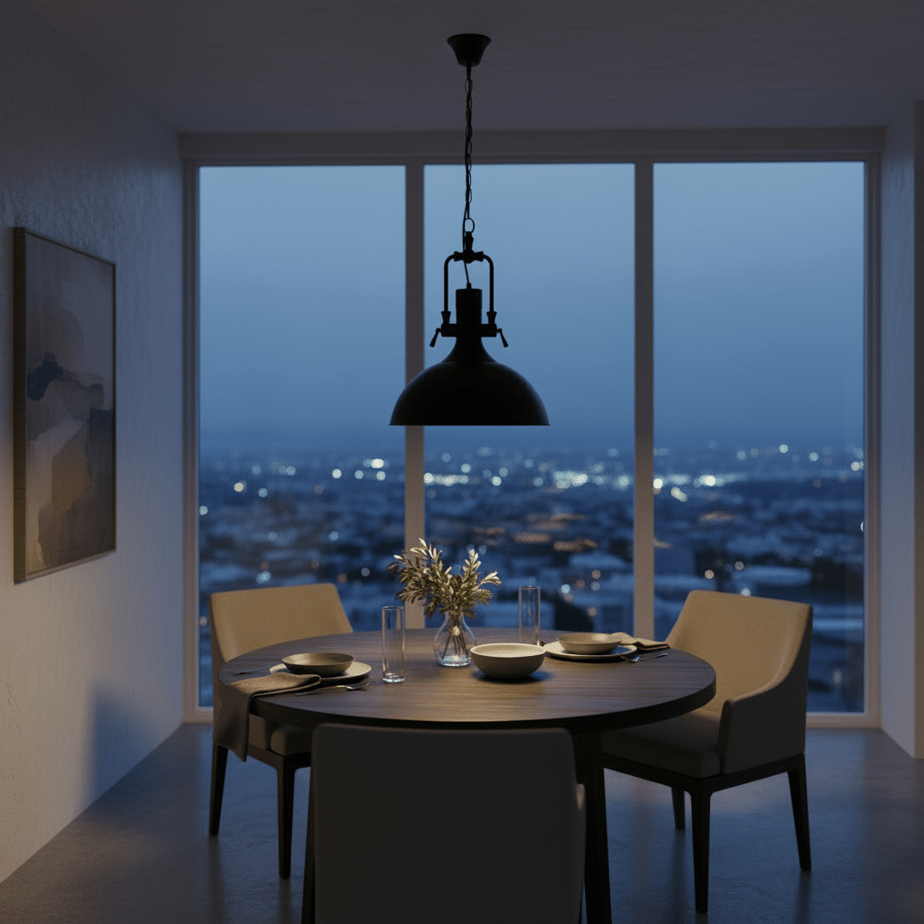 Black industrial metal pendant light with adjustable chain, sleek design