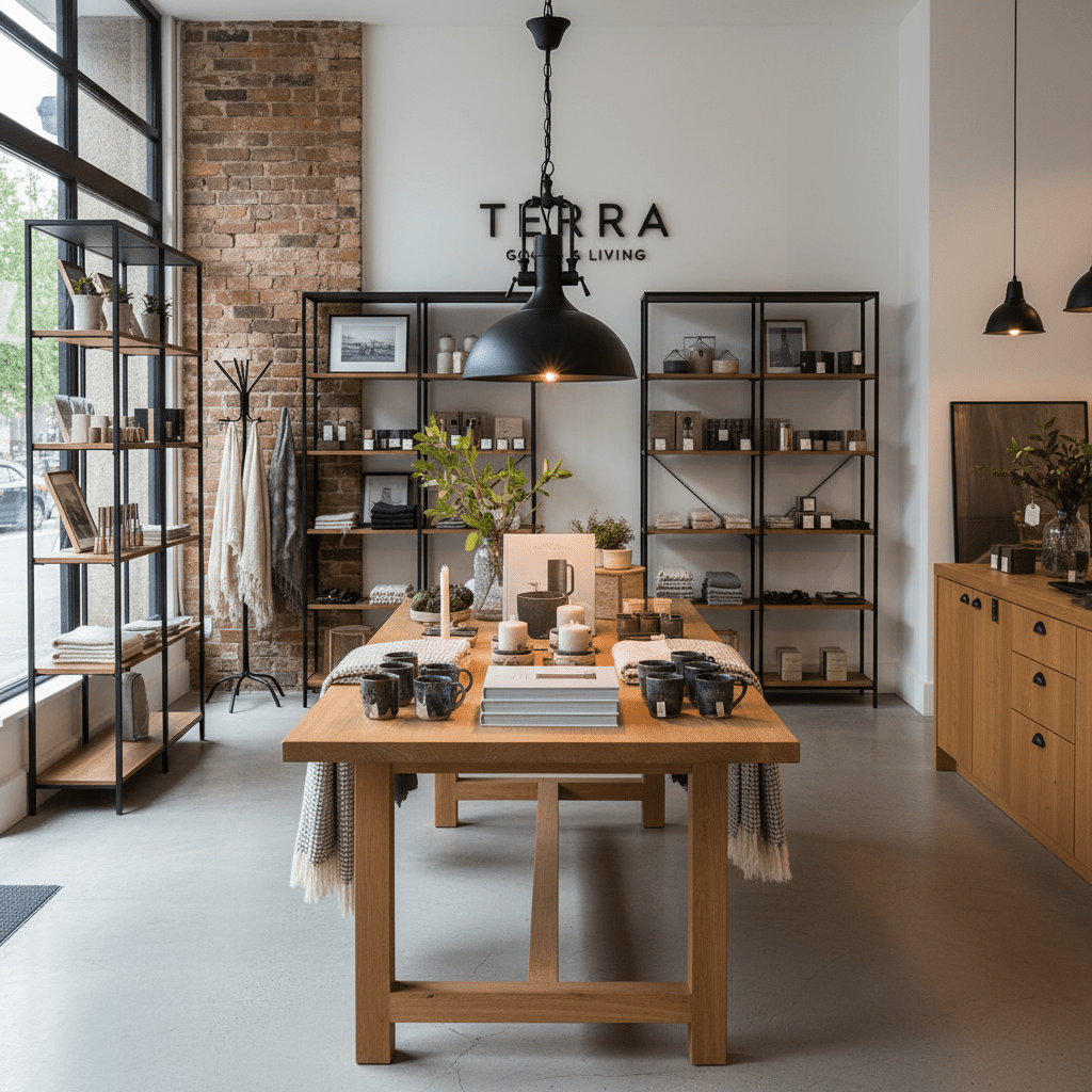 Black industrial pendant light hanging over a wooden table in a modern retail showroom
