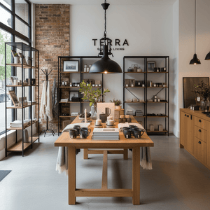Black industrial pendant light hanging over a wooden table in a modern retail showroom