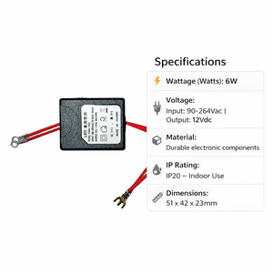 Compact 12Vdc 6W LED power supply with specifications displayed, featuring red wires and durable casing.