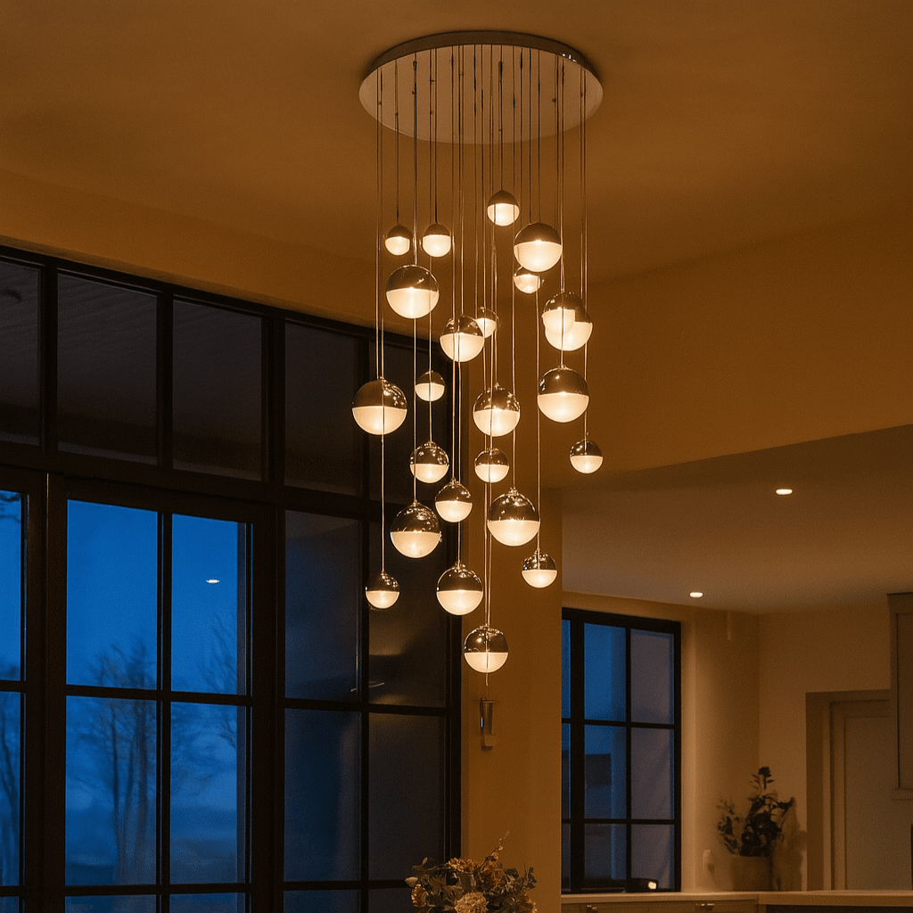 Dining room with a modern chandelier and large windows.