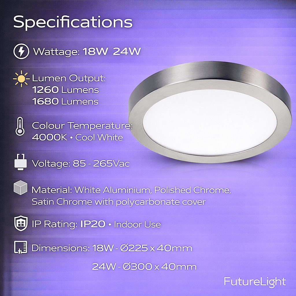 LED Ceiling Light - 18W or 24W - White / Polished Chrome / Satin Chrome