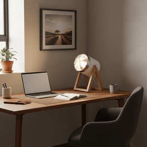 A stylish table lamp with a polished chrome and wood base on a desk, illuminating a workspace with a laptop and notebook.