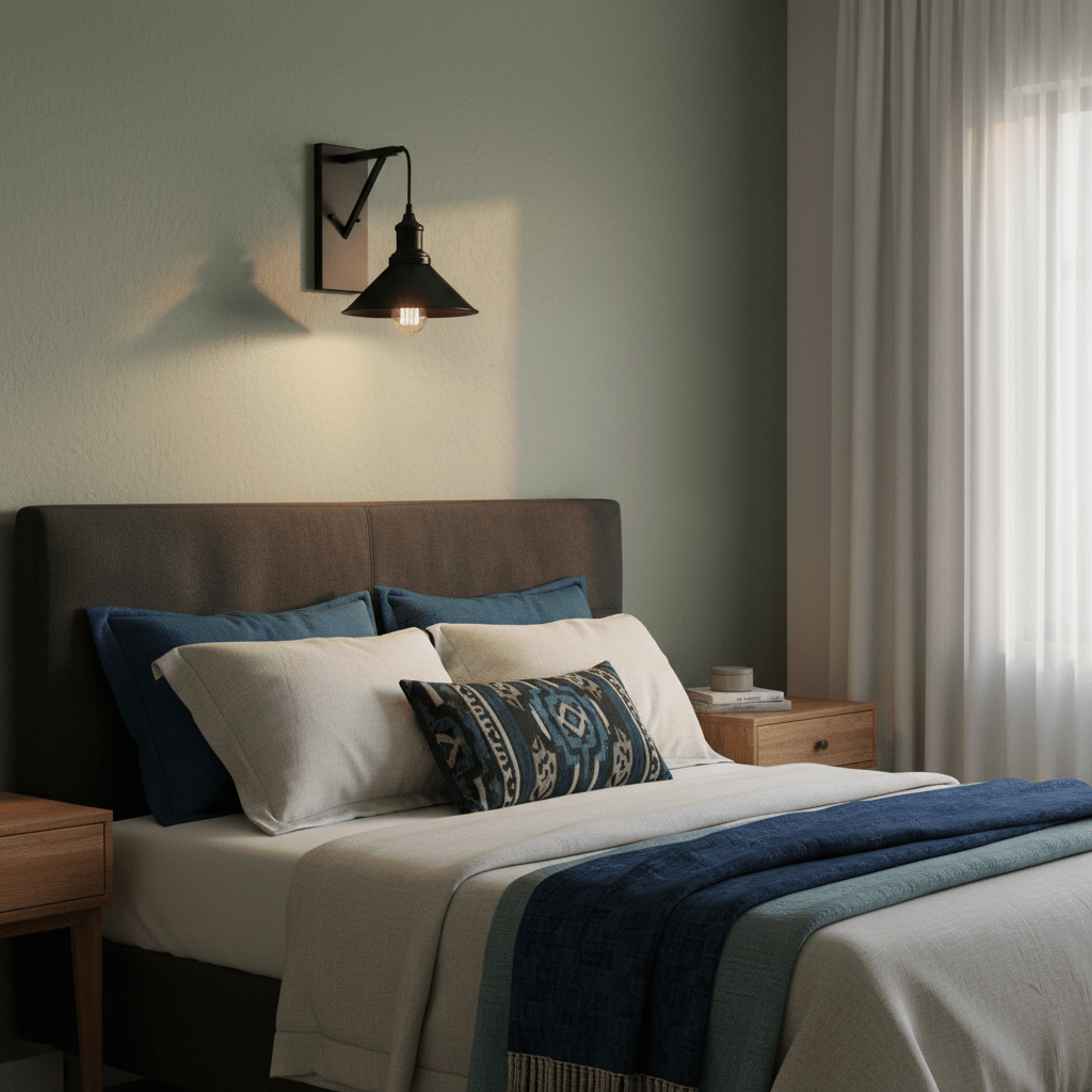 Caledon Black Indoor Wall Light mounted above a bed, casting a warm glow in a cozy bedroom setting.