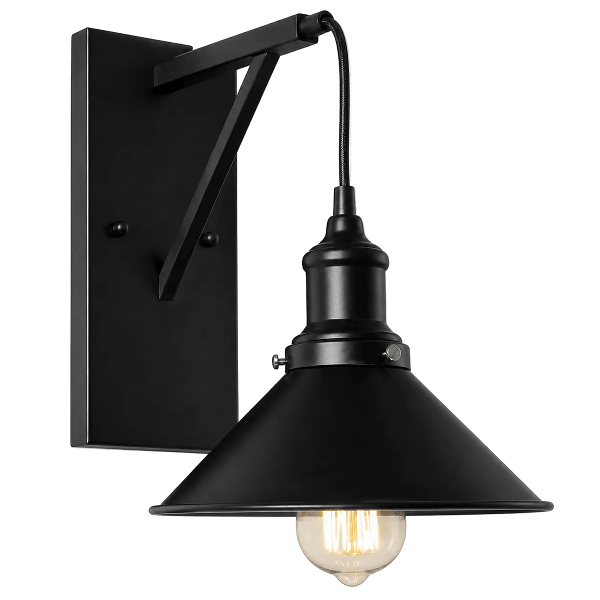 Black wall light with a conical shade and exposed bulb, mounted on a rectangular backplate.