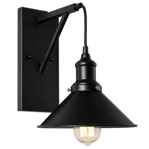 Black wall light with a conical shade and exposed bulb, mounted on a rectangular backplate.